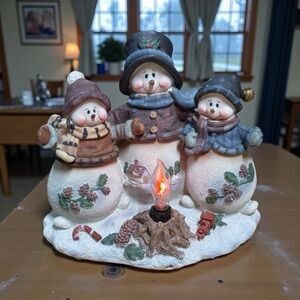 Vintage Snowman Trio Holiday Decoration with Lighted Fire Pit